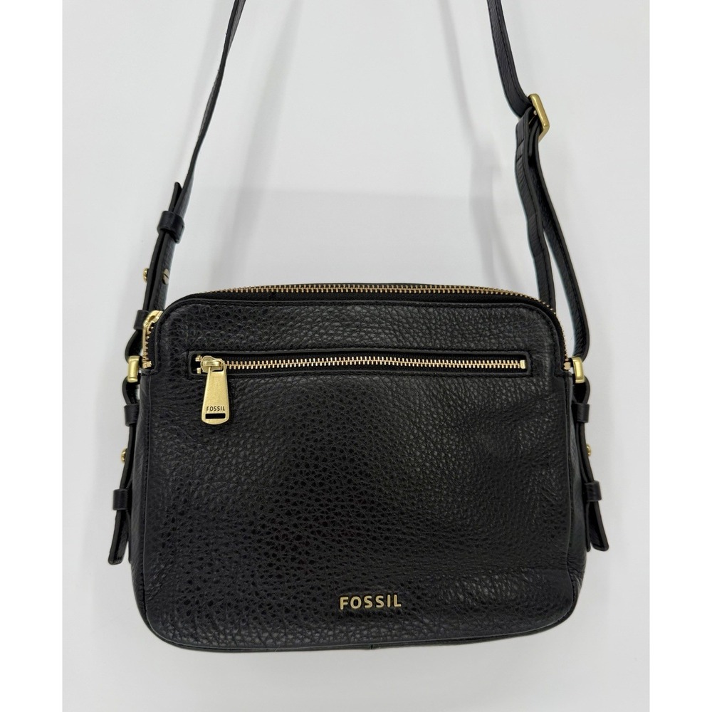 FOSSIL Piper Toaster Crossbody Black Pebbled Leather Bag Brass Zip LOGO Pull UEC